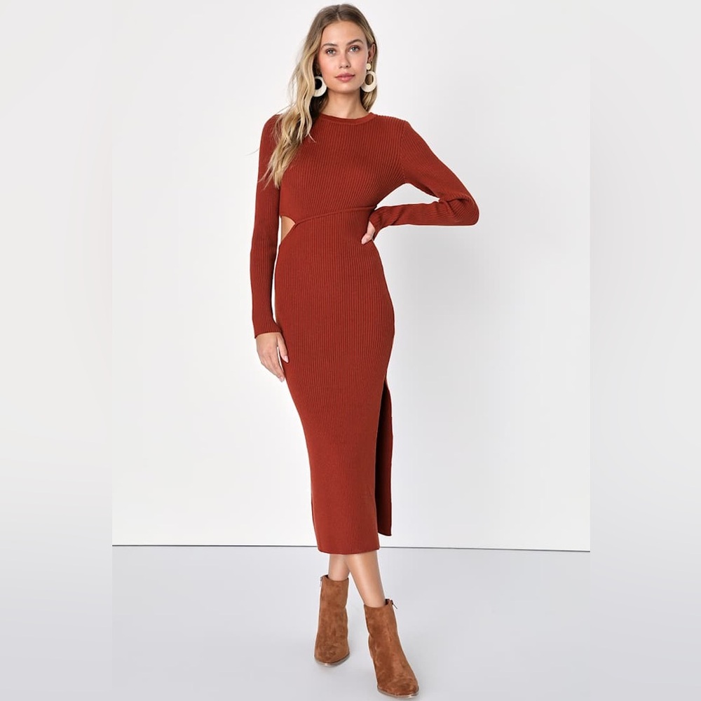 Lulus Cutest Combo Rust Red Cutout Sweater Dress